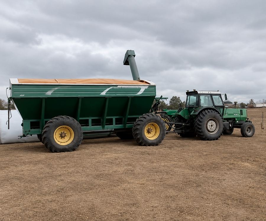 Tractor verde con acoplado cargando grano entero junto a un silobolsa en el campo